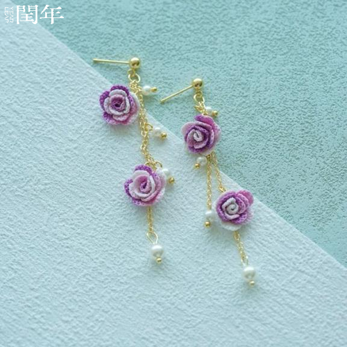 Handmade Micro-Crochet—Rose Pendant Earrings